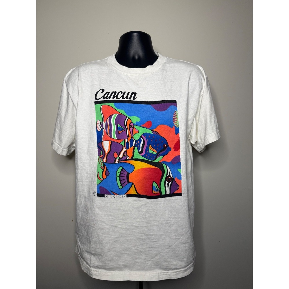 Vintage Cancun Mexico Fish Art Graphic T-Shirt Men Large White Short Sleeve